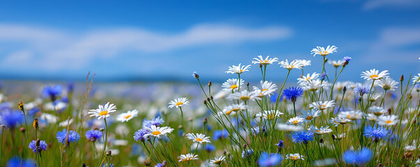 Fototapeta premium Spring meadow with daisies, cornflowers, and grass in the foreground.