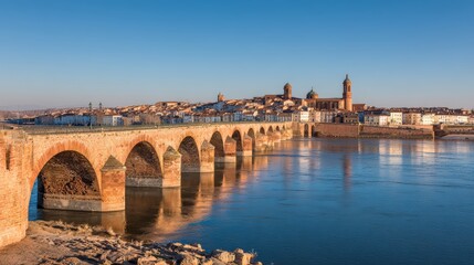 Obraz premium Historic stone bridge with multiple arches spanning a calm river in a scenic ancient cityscape under a clear blue sky