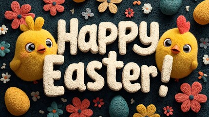 Festive Easter card with cheerful chicks eggs and flowers perfect for spring holiday greetings