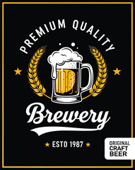 Premium Quality Brewery Original Craft Beer Vintage Logo Design Established 1987 with Beer Mug and Wheat Ears Emblem