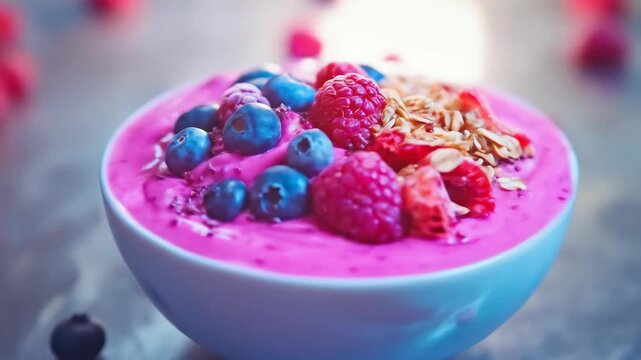 Pink Smoothie Bowl with Blueberries and Raspberries