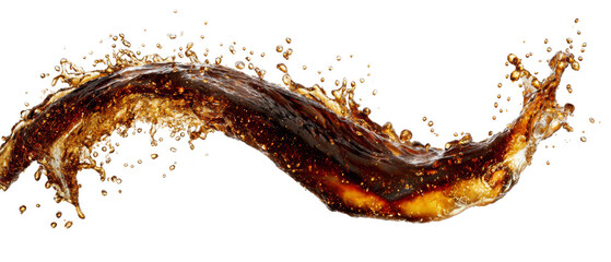 Dynamic splash of amber liquid creating a fluid, dynamic effect against transparent nothingness