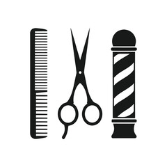 Black barber pole scissors and comb icons on white background haircut 1