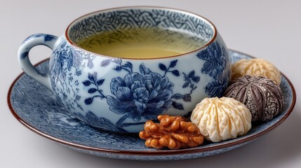 Fototapeta premium Elegant floral teacup filled with bright beverage and nut assortment on saucer