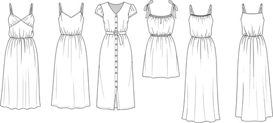 CAD drawing flat vector illustration of women&rsquo;s summer dresses fashion design template, sleeveless midi and maxi dress styles