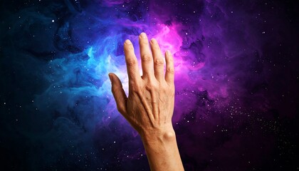 A hand reaching towards a vibrant nebula