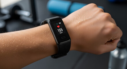 Sweaty Arm with Fitness Tracker Displaying Heart Rate of 155 bpm
