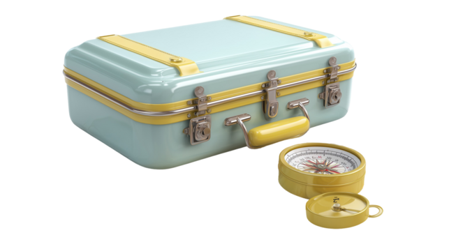 Light blue suitcase with compass and world map