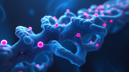 Abstract 3d rendering of a glowing blue dna helix with pink markers representing genetic code