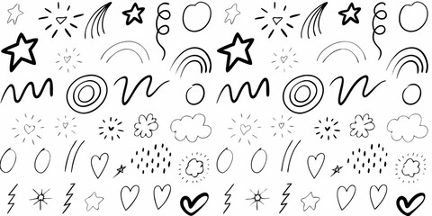 Collection of hand drawn doodle elements stars hearts clouds and swirls