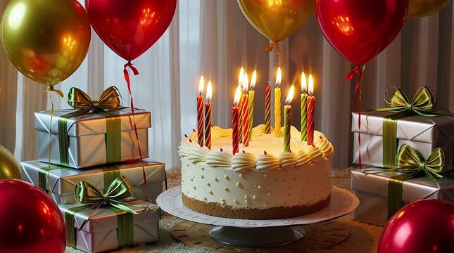 Joyful birthday celebration unfolds with lit candles on a festive cake surrounded by vibrant balloons and beautifully wrapped gifts, creating a warm, celebratory atmosphere.