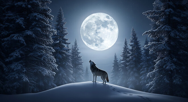 A lone wolf howling at the full moon in a snowy forest landscape at night with tall pine trees
