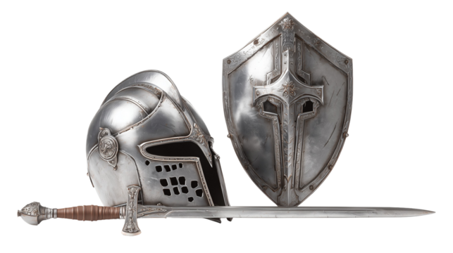 Medieval helmet, shield and sword still life