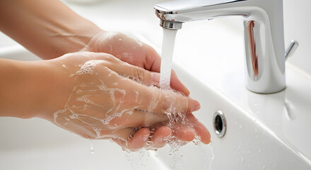 Close-up of hands being washed with soap and water under a modern chrome faucet in a white sink.