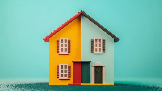 Miniature house split in half showing two different sides on turquoise background