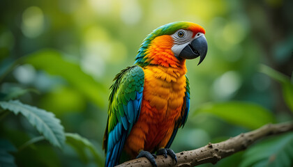 Fototapeta premium Colorful parrot perched on a branch in a lush green tropical environment