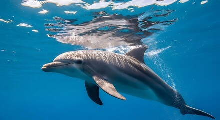 Fototapeta premium Dolphin Swimming Underwater in Ocean, Light Reflections