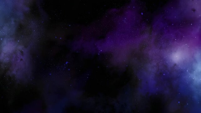 Vast cosmic nebula with swirling purple and blue gaseous clouds and sparkling stars