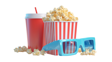 Popcorn, drink, and 3d glasses still life
