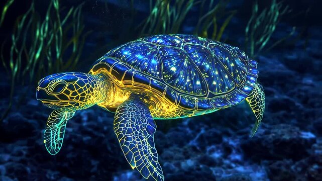Glowing sea turtle underwater