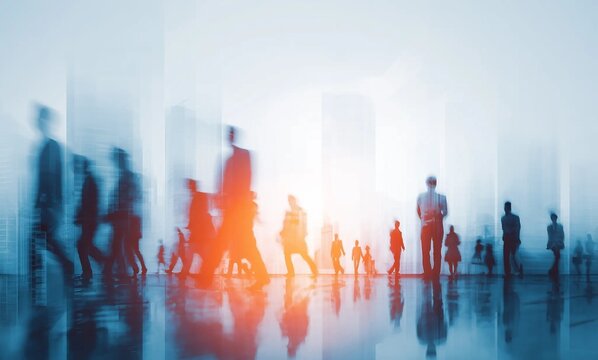 Dynamic motion blur of business people walking in urban cityscape, fast-paced corporate life concept