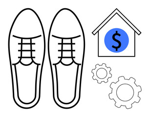 Shoes, a house marked with a dollar symbol, and two gear icons. Ideal for business, entrepreneurship, investment, productivity, finance, progress and a simple landing page