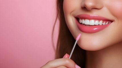 A close-up of a woman applying lip gloss, on blurred background