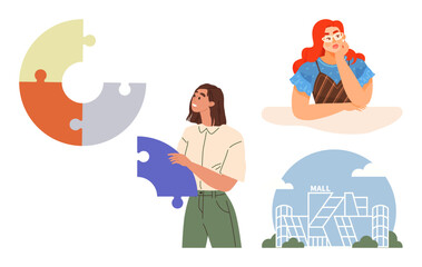 Young woman holding a puzzle piece, another person in contemplation, and a modern shopping mall in the background. Ideal for problem-solving, decision-making, strategy, retail, design thinking