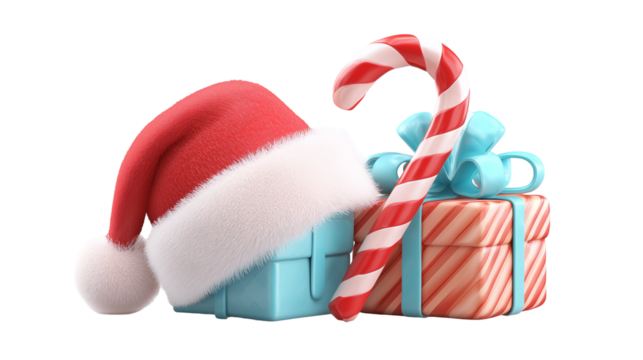 Santa hat on gift with candy cane