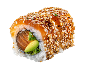 Salmon sushi roll with sesame seeds