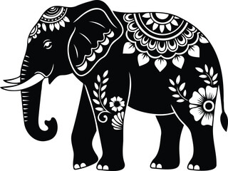 Fototapeta premium Ornate Elephant Silhouette: A majestic black elephant, adorned with intricate floral and geometric patterns, stands proudly, a symbol of strength and grace.
