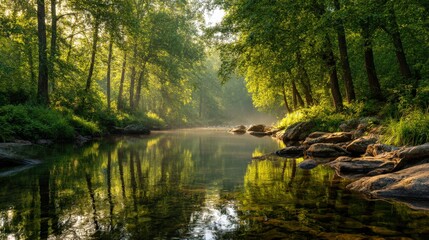a serene forest landscape with a river flowing peacefully, sunlight streaming through the trees and reflecting in the water. The scene evokes tranquility and natural beauty