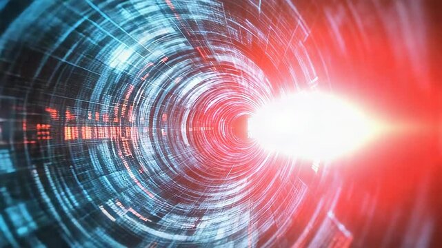 Digital tunnel transmitting futuristic data stream with binary code
