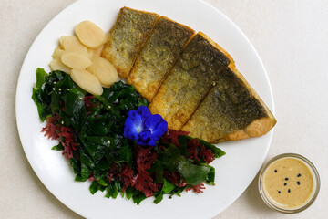 Grilled Salmon Fillet with Seaweed Salad, Pickled Ginger, Butterfly Pea Flower, and Sesame Dressing – Healthy Japanese Asian Fusion Food Photography