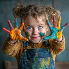 A cheerful child proudly displaying colorful painted hands, a charming display of creativity.