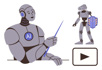 Smiling robot labeled AI holding a pointer, humanoid robot with shield, and play button icon. Ideal for technology, machine learning, robotics, education, automation, innovation simple flat metaphor
