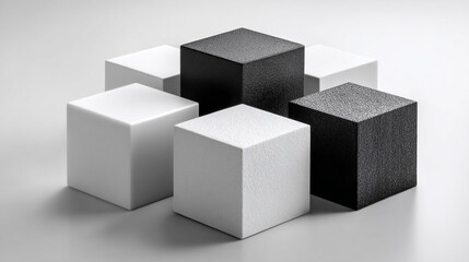 Arrangement of white and black cubes on a gray surface in studio light.