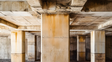 Concrete pillars and ceiling structure in an unfinished building interior.