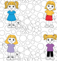 Four happy cartoon girls with teddy bears, colorful clothes, standing on circle and flower pattern background, smiling kids illustration