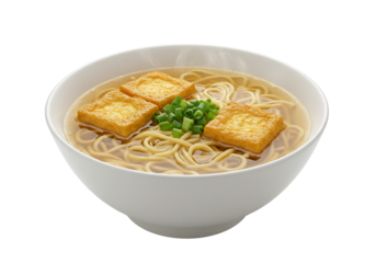 Noodle soup with tofu and green onions in white bowl