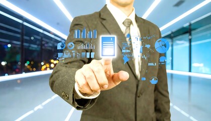 Businessman interacting with a virtual document interface