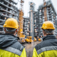 Two construction workers observe a construction site, wearing hard hats and vests