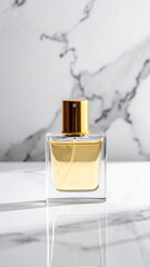 elegant luxury perfume bottle with golden cap placed on a white marble surface with gold veining, minimalistic and premium fragrance concept