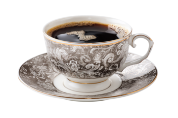 Elegant coffee cup and saucer with ornate design