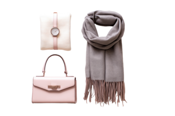 Stylish accessories  pale pink bag, cream watch case, gray scarf
