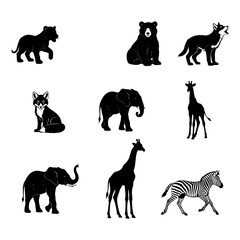 Naklejka premium Silhouette illustration of various animals including a lion cub, bear, wolf, fox, elephants, giraffes, and zebra