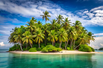 Obraz premium Tropical Island Oasis Palm Trees, Turquoise Waters, and Pristine Sandy Beach Paradise