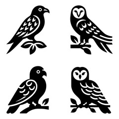 Fototapeta premium Four stylized birds including two owls and two hawks perched on branches in black and white silhouette style