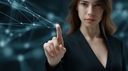 Businesswoman interacts with digital network interface technology future innovation concept