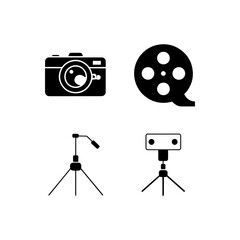 Obraz premium Illustration of camera, film reel, microphone stand and lighting stand on a white background image